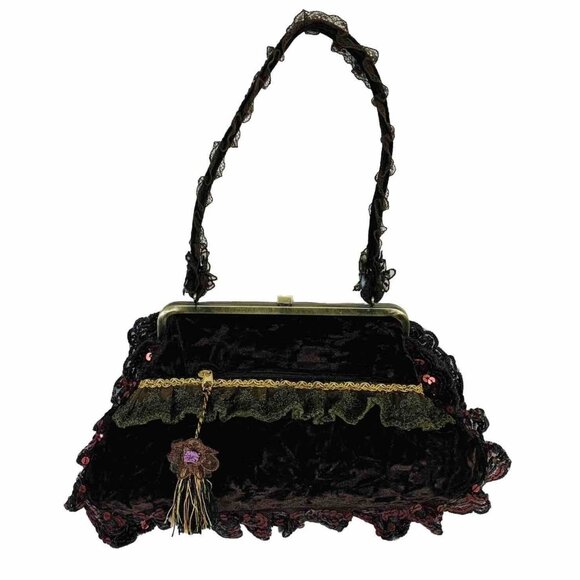 Ziba Velvet Beaded Purse Vintage Cottagecore Floral Lace Boho Romantic Handbag - Picture 2 of 16
